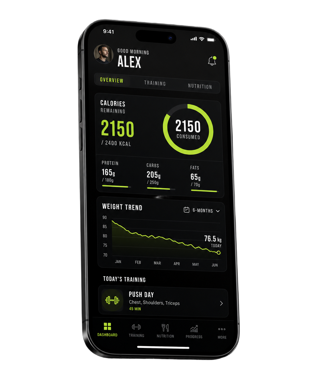 The Stay On app showing today's workout, nutrition targets and progress